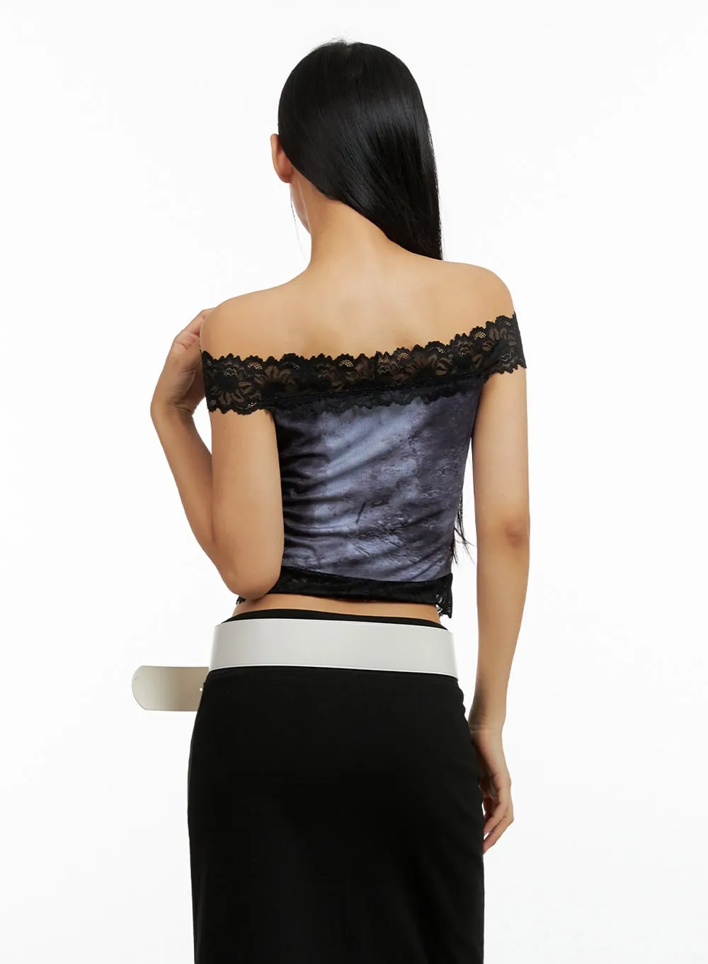 Lace Hem Off-Shoulder Graphic Top IL419 sold by Lewkin product image thumbnail 5