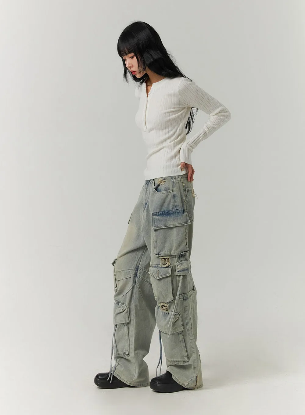 Wide Leg Cargo Jeans with Pockets CJ419 sold by Lewkin product image thumbnail 3
