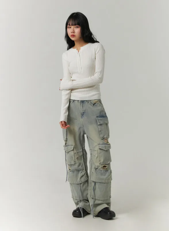 Wide Leg Cargo Jeans with Pockets CJ419 sold by Lewkin