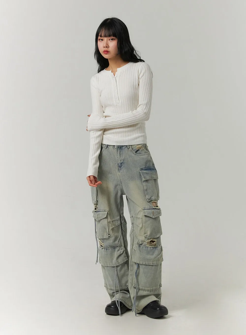 Wide Leg Cargo Jeans with Pockets CJ419 sold by Lewkin