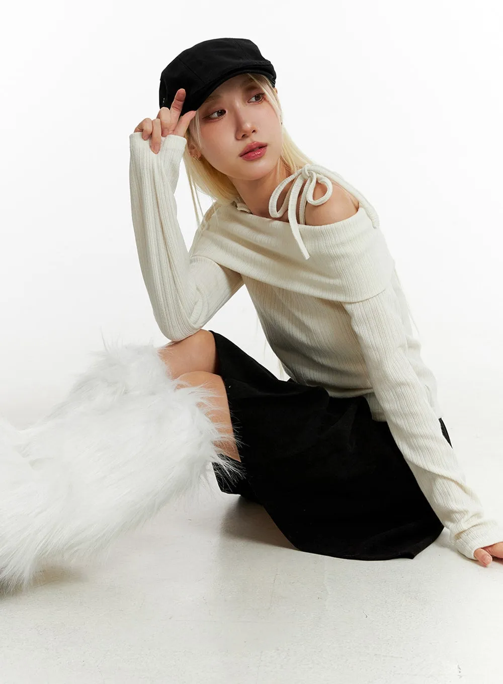 Ribbed Off-Shoulder Long Sleeve Top ID315 sold by Lewkin