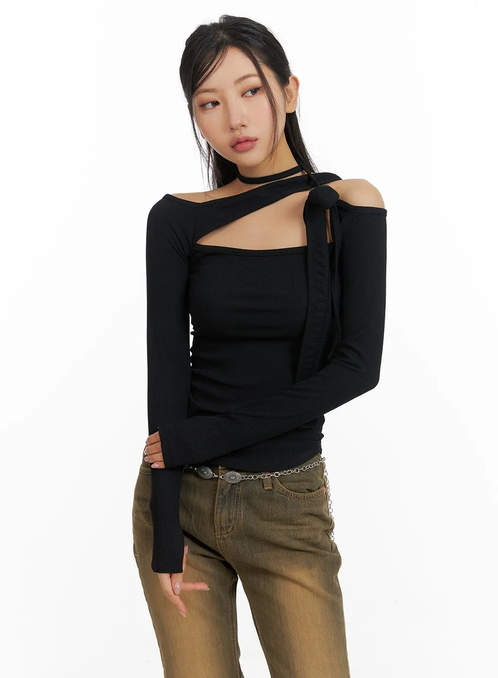 Solid Asymmetrical Neck Cut-Out Long Sleeve Top CM411 sold by Lewkin product image thumbnail 2