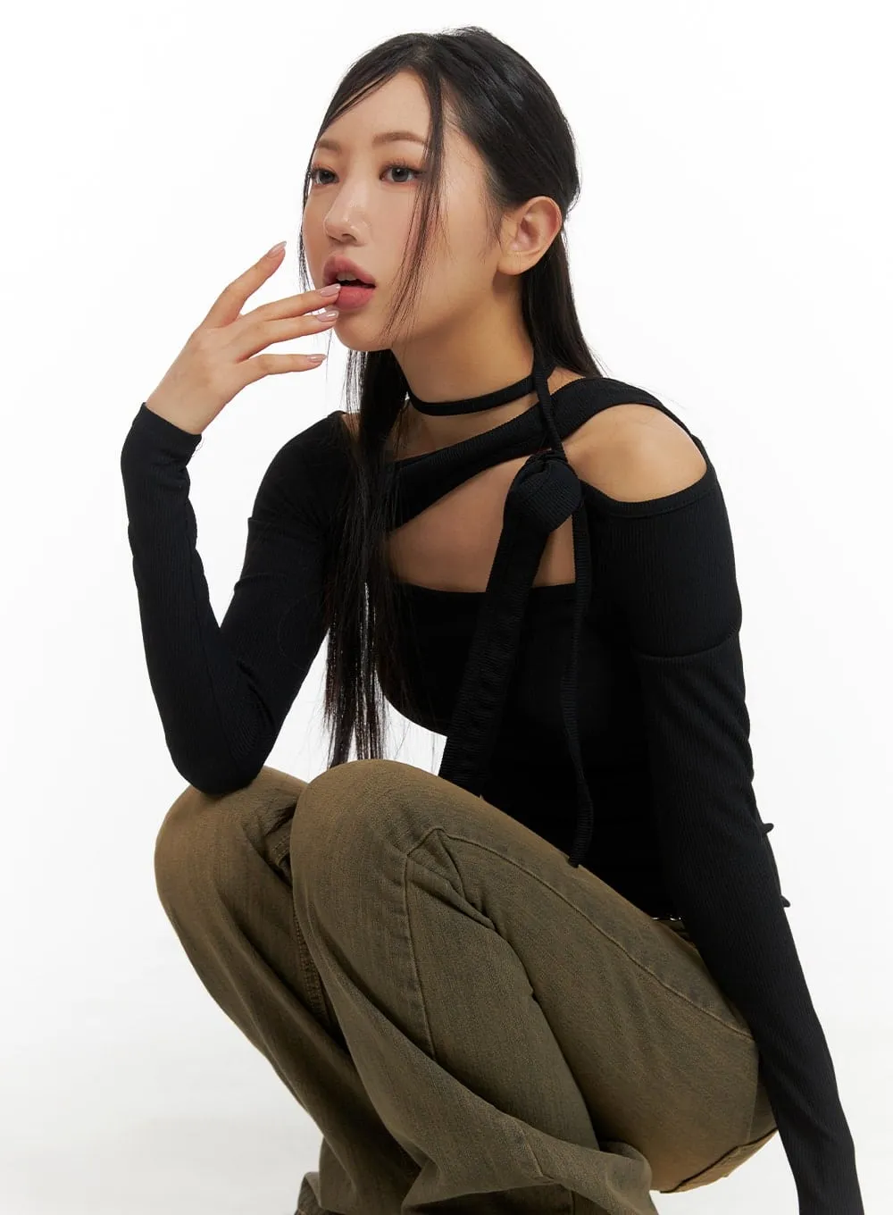 Solid Asymmetrical Neck Cut-Out Long Sleeve Top CM411 sold by Lewkin