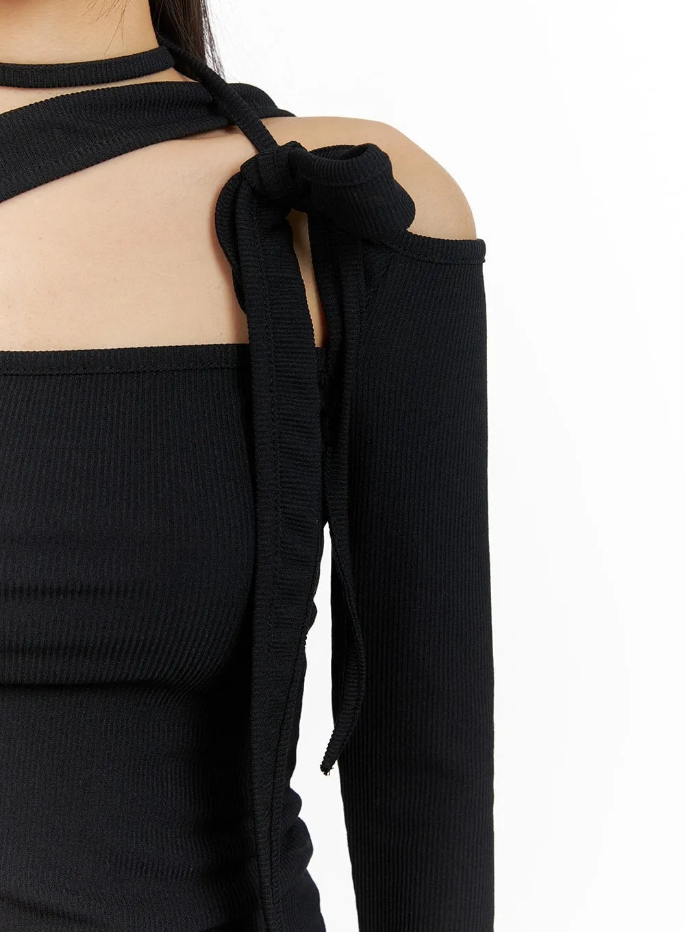 Solid Asymmetrical Neck Cut-Out Long Sleeve Top CM411 sold by Lewkin product image thumbnail 3