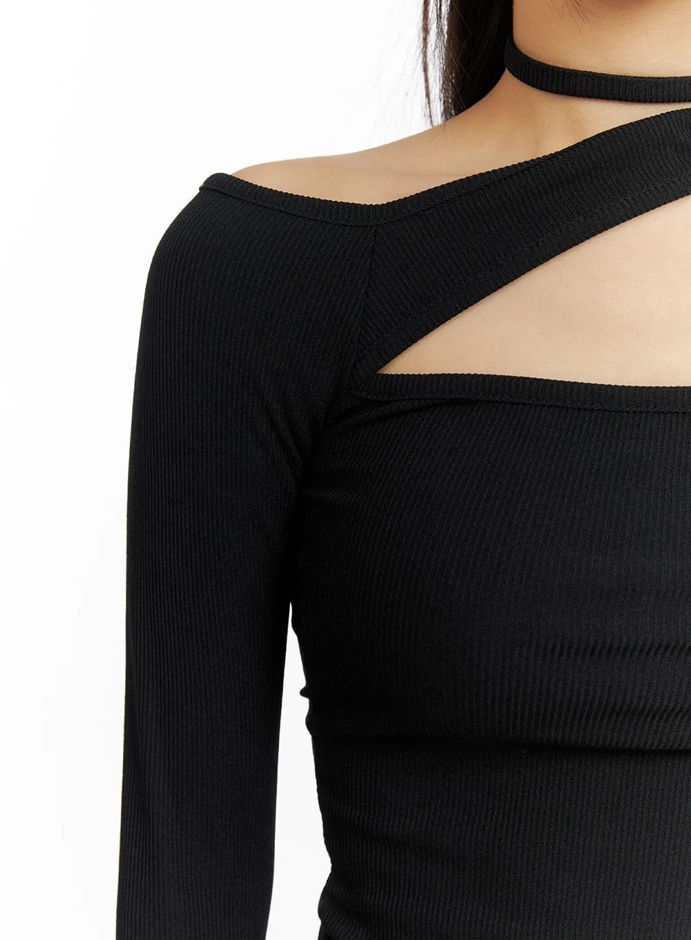 Solid Asymmetrical Neck Cut-Out Long Sleeve Top CM411 sold by Lewkin product image thumbnail 4