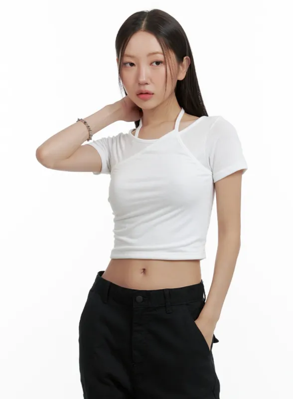Layered Halter Neck Crop Top OL401 sold by Lewkin