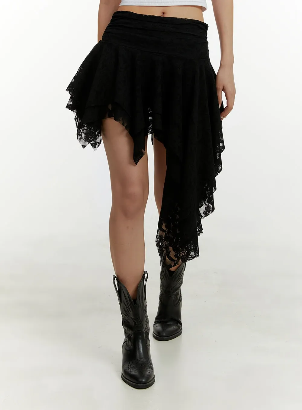 Lace Ruffle Asymmetrical Mini Skirt CY408 sold by Lewkin
