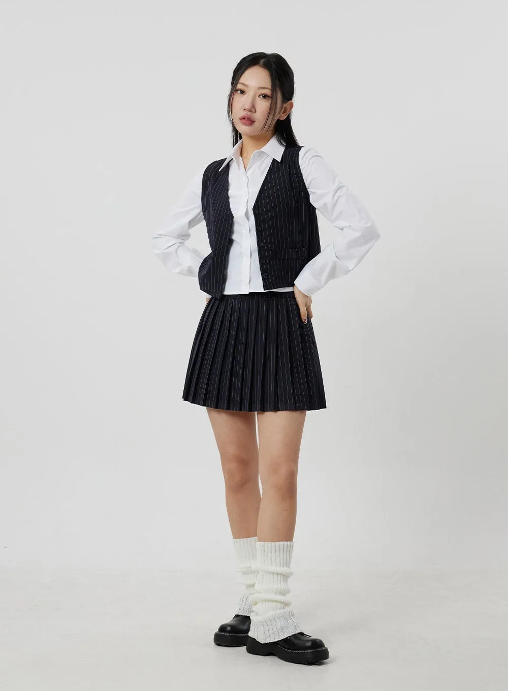 Pinstripe Pleated Mini Skirt CF301 sold by Lewkin