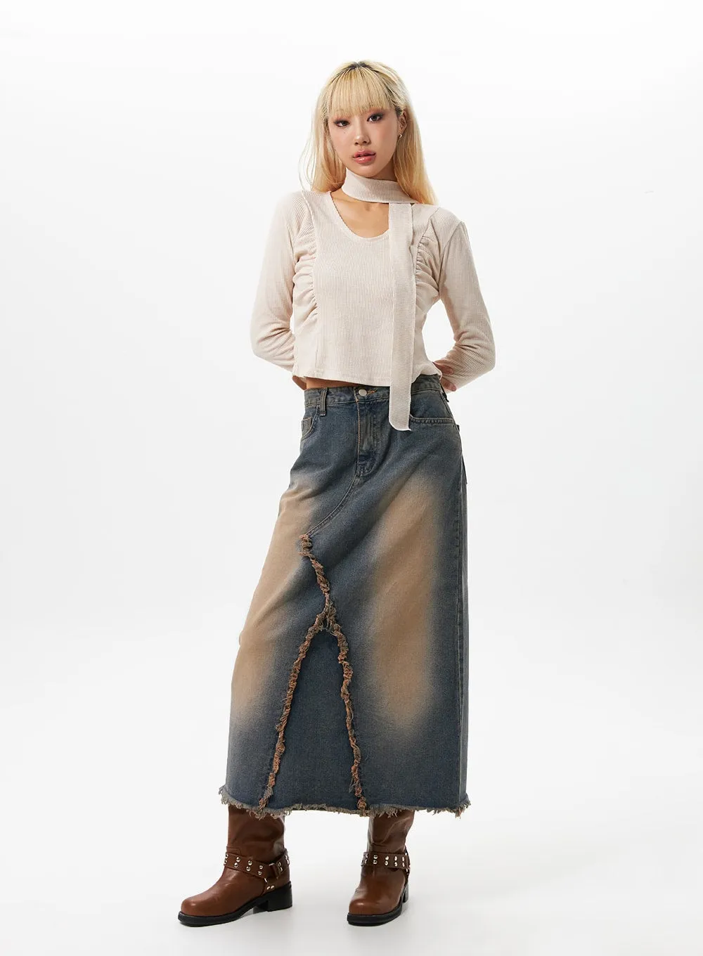 Shirred Long Sleeve Crop Top with Scarf IO326 sold by Lewkin product image thumbnail 3
