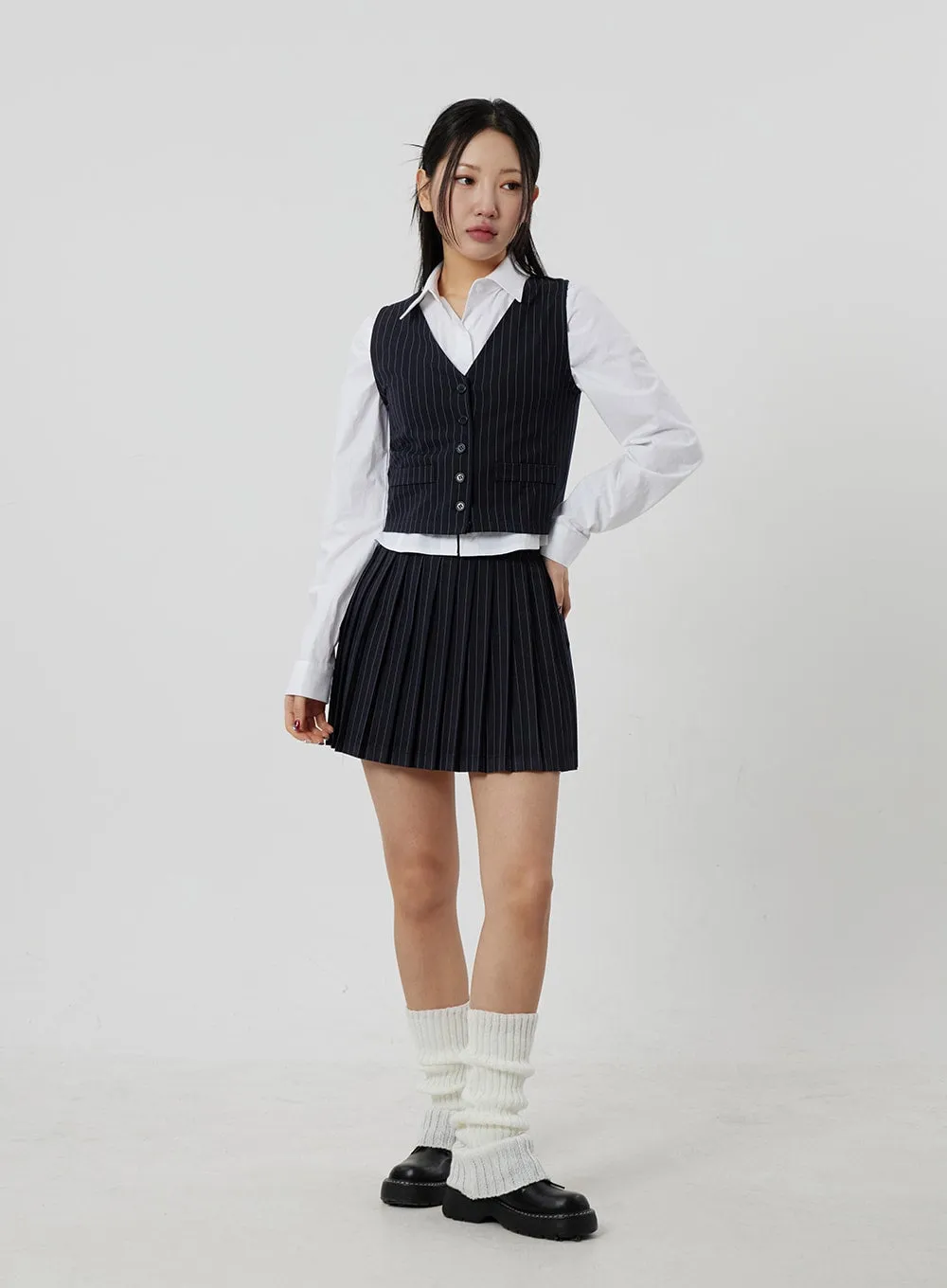 Pinstripe Pleated Mini Skirt CF301 sold by Lewkin product image thumbnail 3