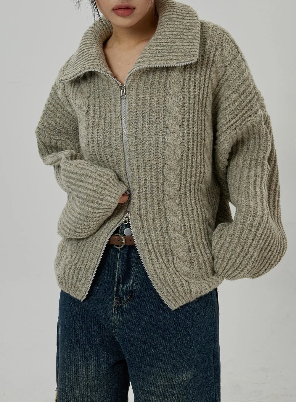 Twist Pattern Two Way Zipper Knit Cardigan CD20 sold by Lewkin product image thumbnail 2