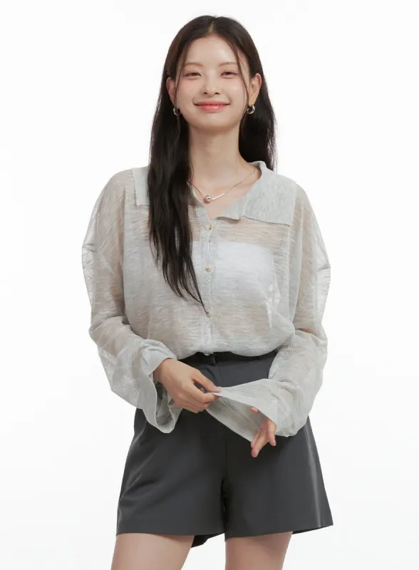 Sheer Button Collar Long Sleeve OL416 sold by Lewkin