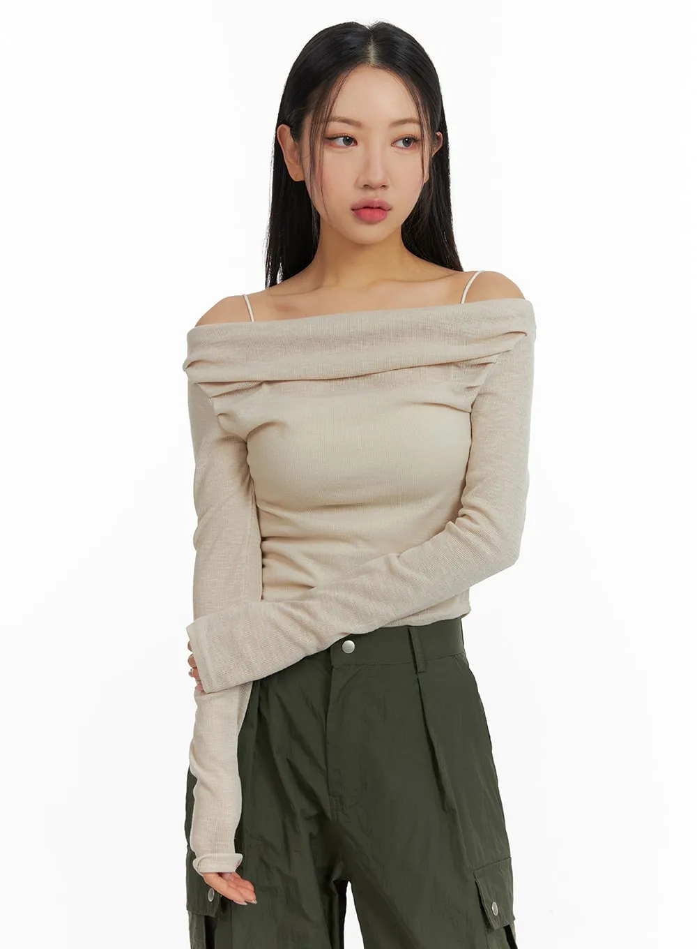 Semi-Ruched Solid Off-Shoulder Long Sleeve CM411 sold by Lewkin