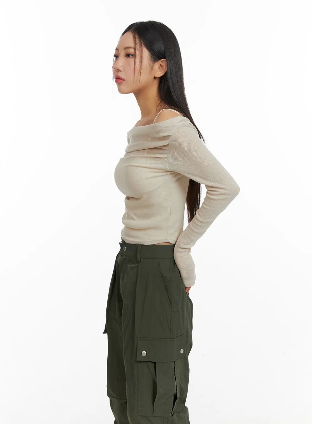 Semi-Ruched Solid Off-Shoulder Long Sleeve CM411 sold by Lewkin product image thumbnail 2