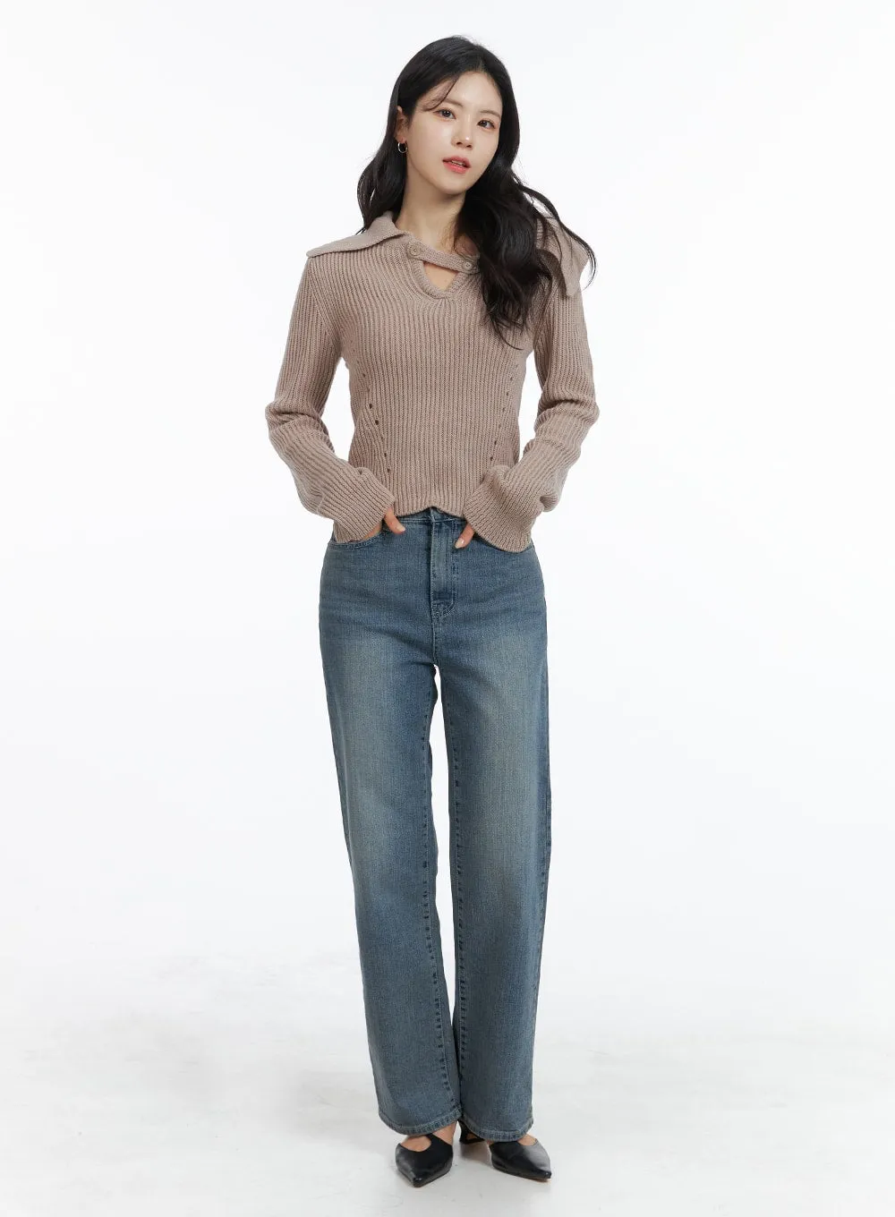 Cotton Washed Straight Leg Pants OM420 sold by Lewkin