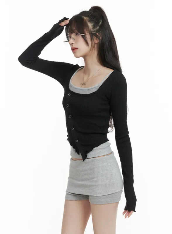 Asymmetrical Neck Solid Button Long Sleeve Top CA402 sold by Lewkin