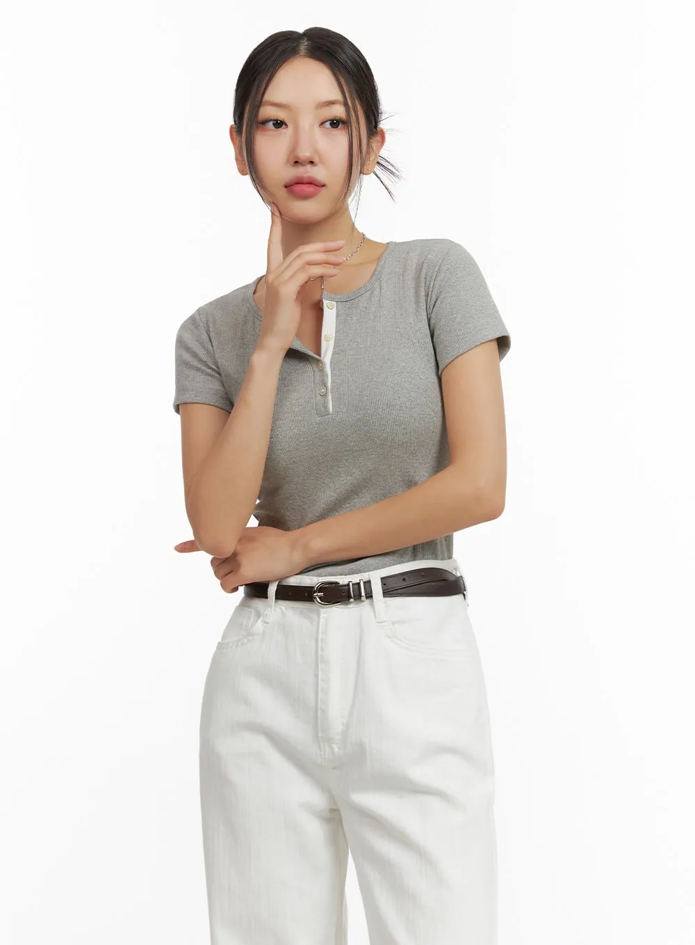 Slim Contrast Round Neck Top OU411 sold by Lewkin