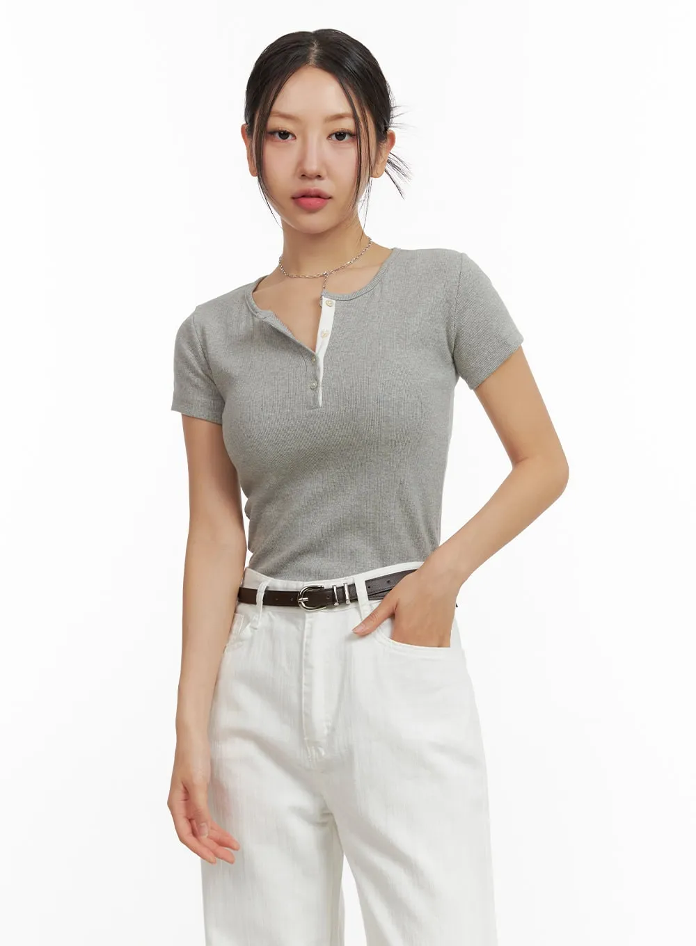 Slim Contrast Round Neck Top OU411 sold by Lewkin product image thumbnail 5