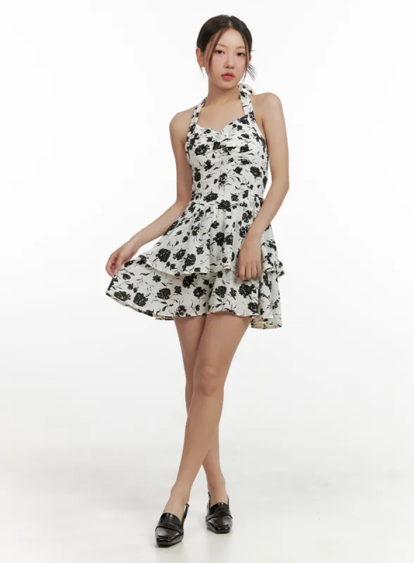 Summer Floral Graphic Halter Mini Dress OU403 sold by Lewkin