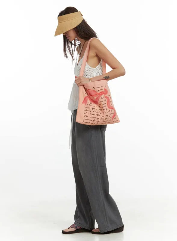 Ribbon Lettering Cotton Tote Bag IU419 sold by Lewkin