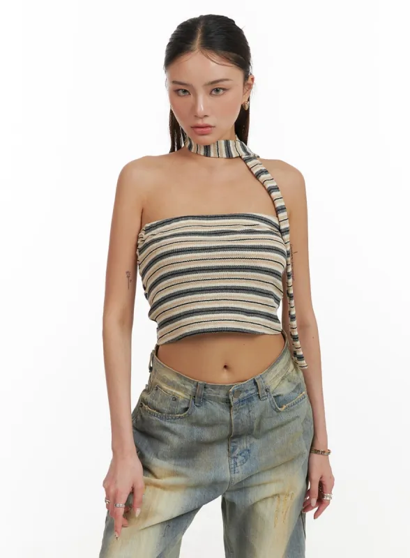 Striped Crop Tube Top with Scarf CY402 sold by Lewkin