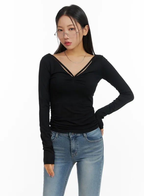 Slim Fit Shirred V-Neck Long Sleeve CM411 sold by Lewkin