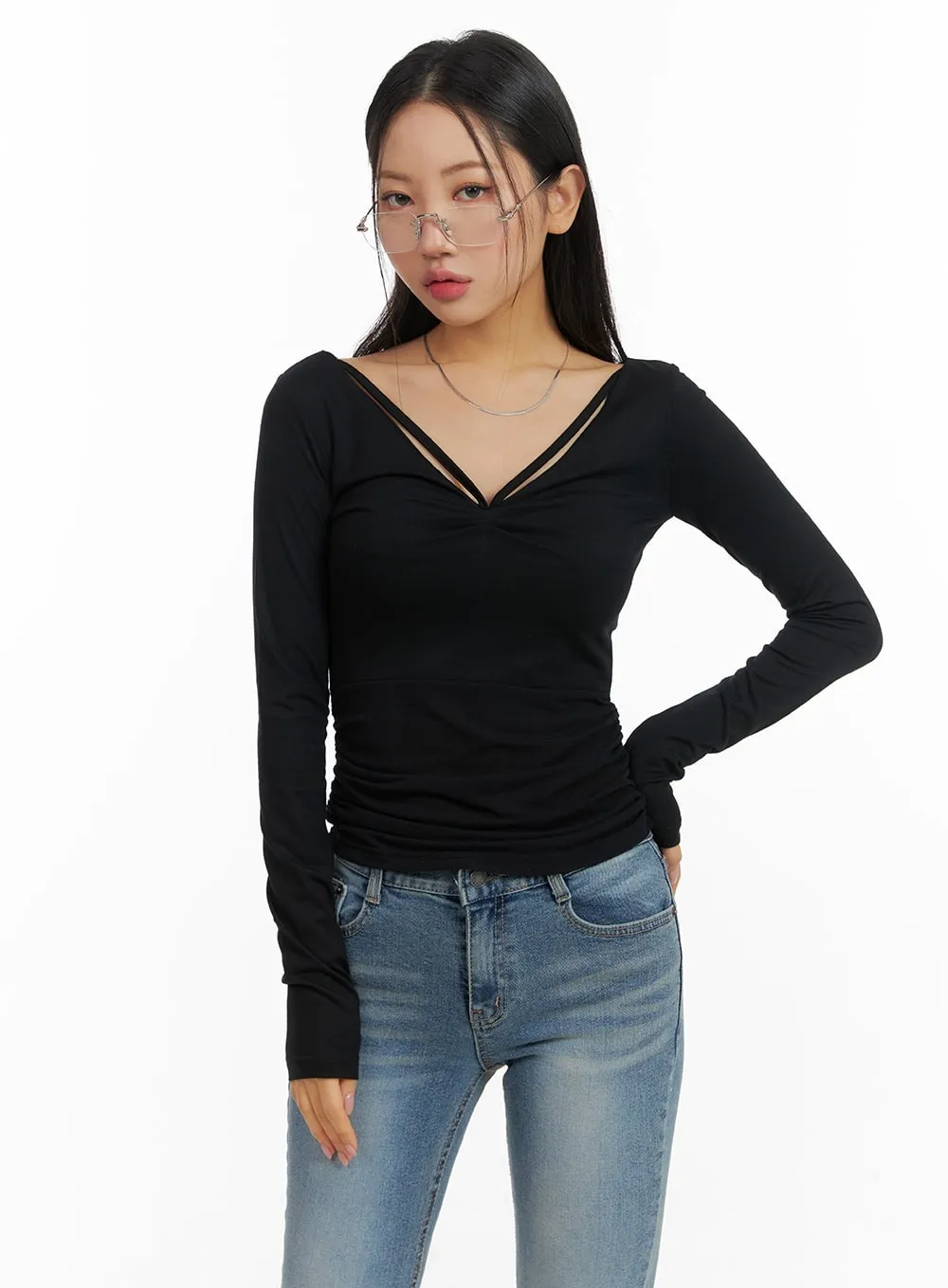 Slim Fit Shirred V-Neck Long Sleeve CM411 sold by Lewkin