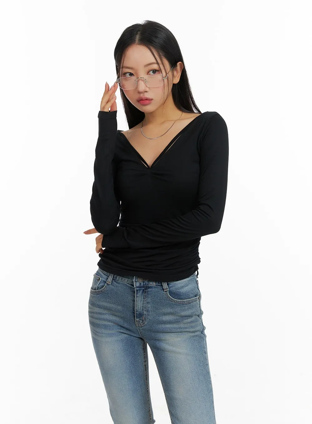 Slim Fit Shirred V-Neck Long Sleeve CM411 sold by Lewkin product image thumbnail 3