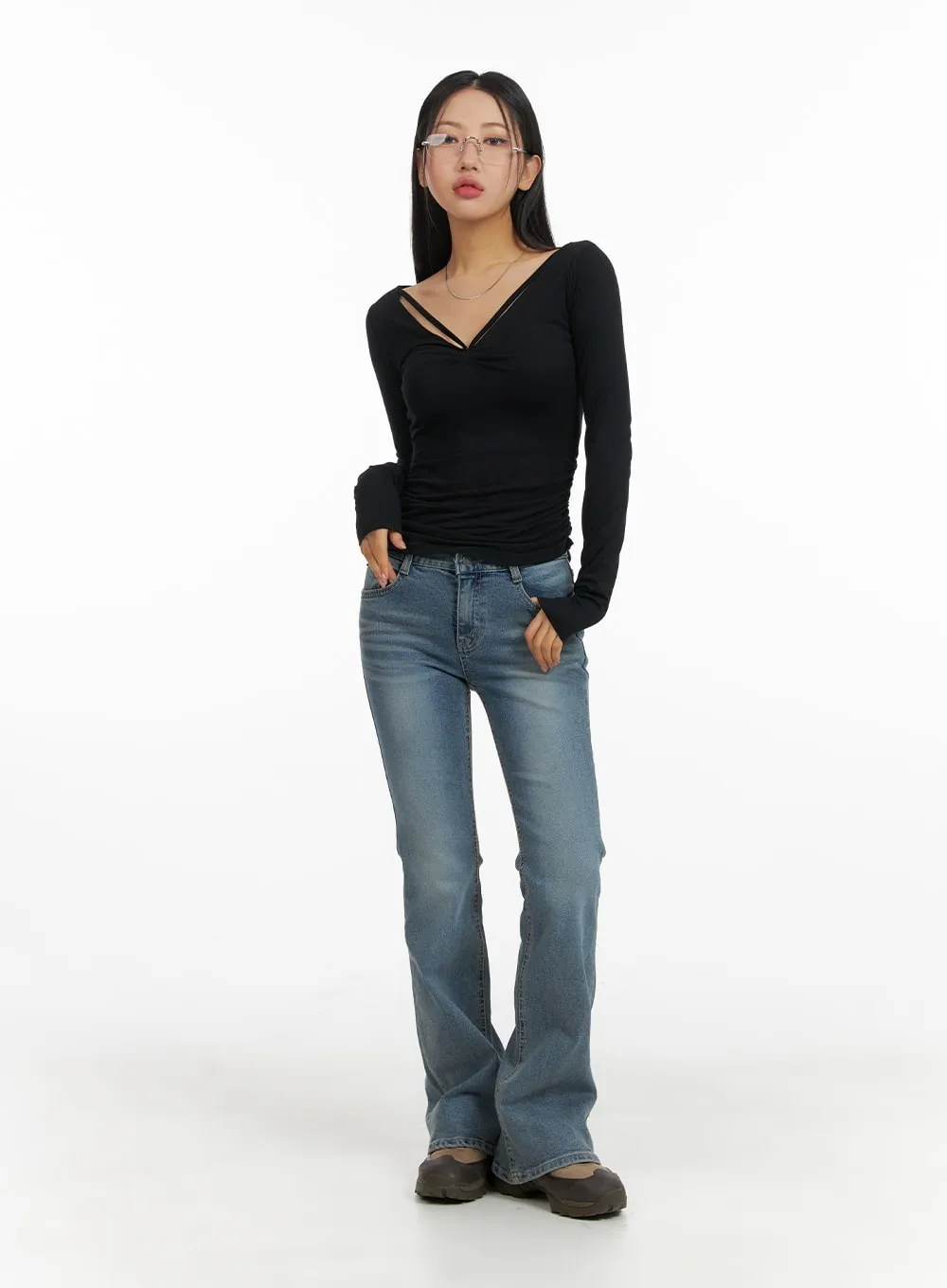 Slim Fit Shirred V-Neck Long Sleeve CM411 sold by Lewkin product image thumbnail 2