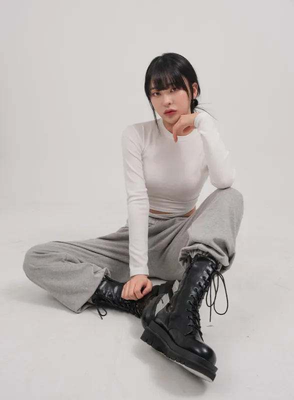 Waist Strap Detail Crop Long Sleeve T Shirt C0302 sold by Lewkin