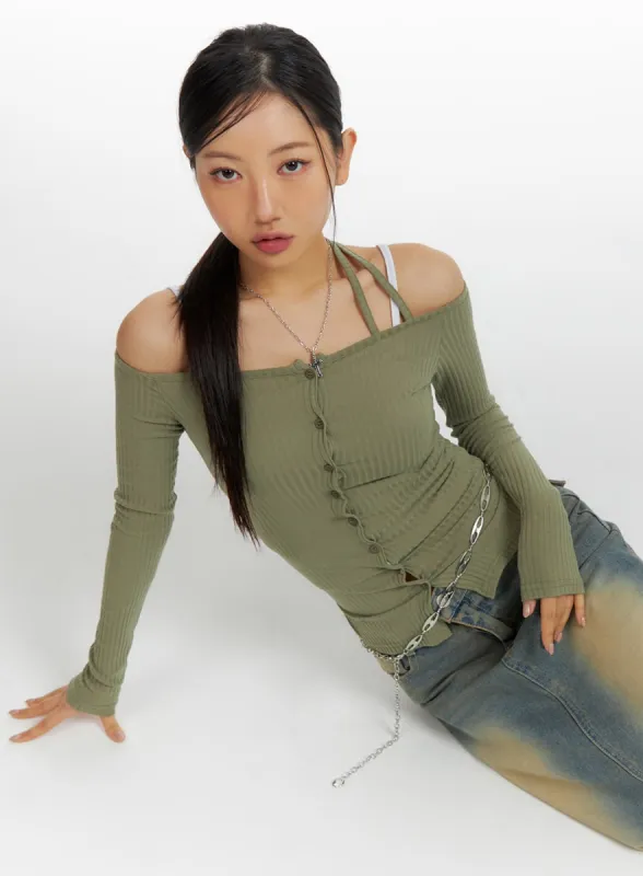 Buttoned Off-Shoulder Halter Top CF419 sold by Lewkin