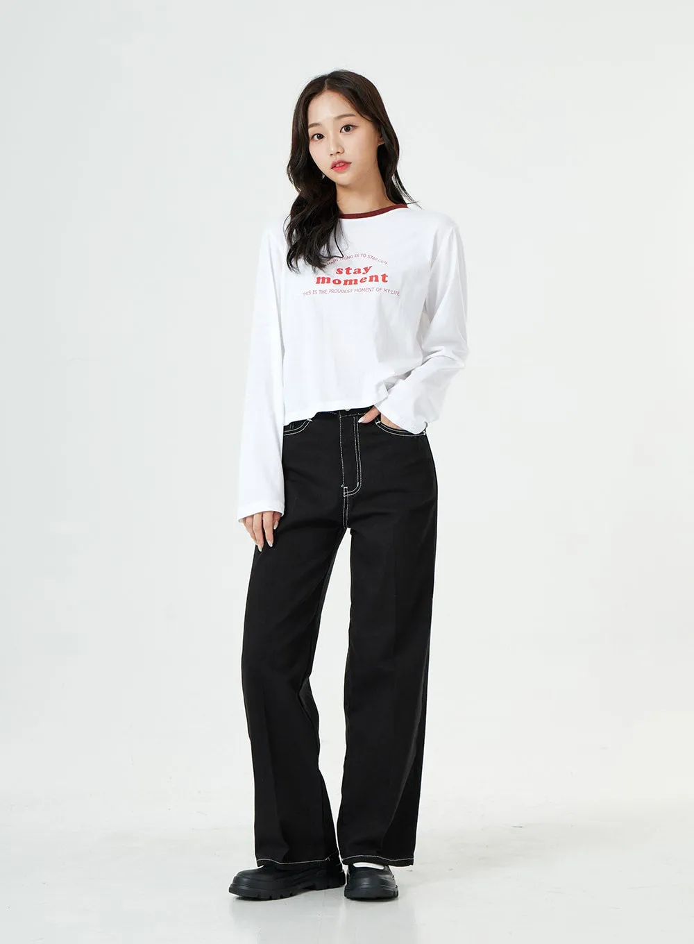 Stitch Detail Semi Wide Cotton Pants BG23 sold by Lewkin product image thumbnail 5