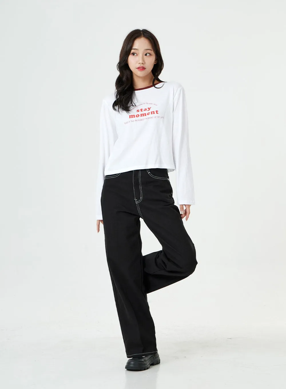 Stitch Detail Semi Wide Cotton Pants BG23 sold by Lewkin product image thumbnail 4