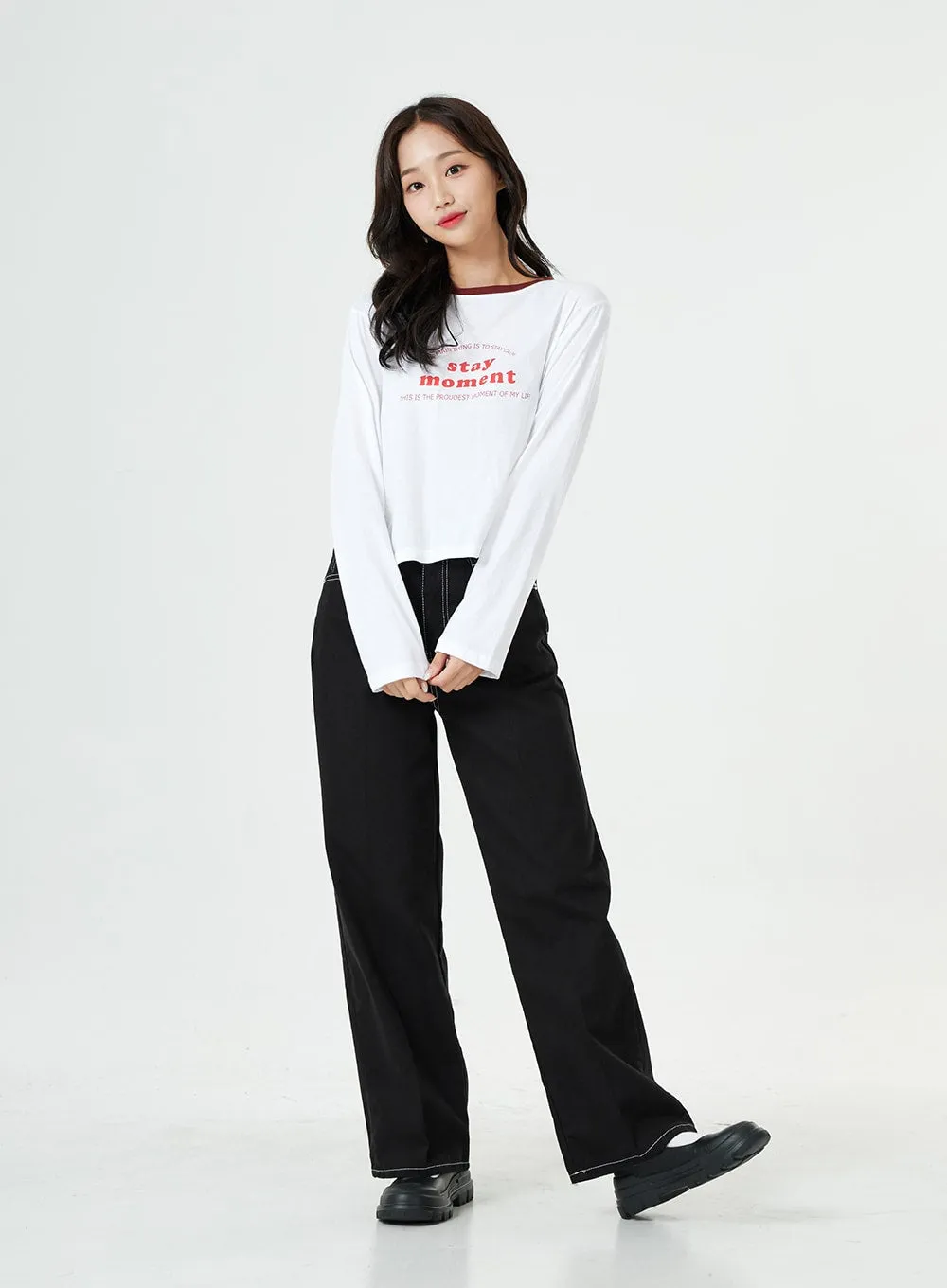 Stitch Detail Semi Wide Cotton Pants BG23 sold by Lewkin product image thumbnail 3