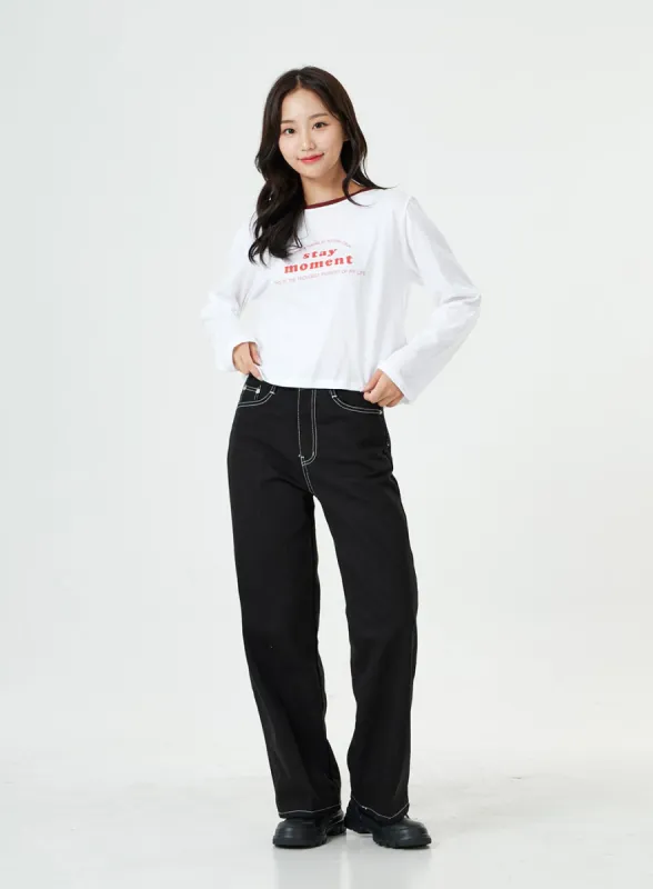 Stitch Detail Semi Wide Cotton Pants BG23 sold by Lewkin