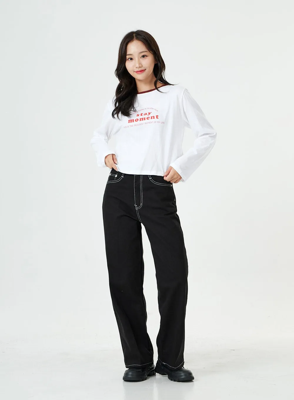 Stitch Detail Semi Wide Cotton Pants BG23 sold by Lewkin