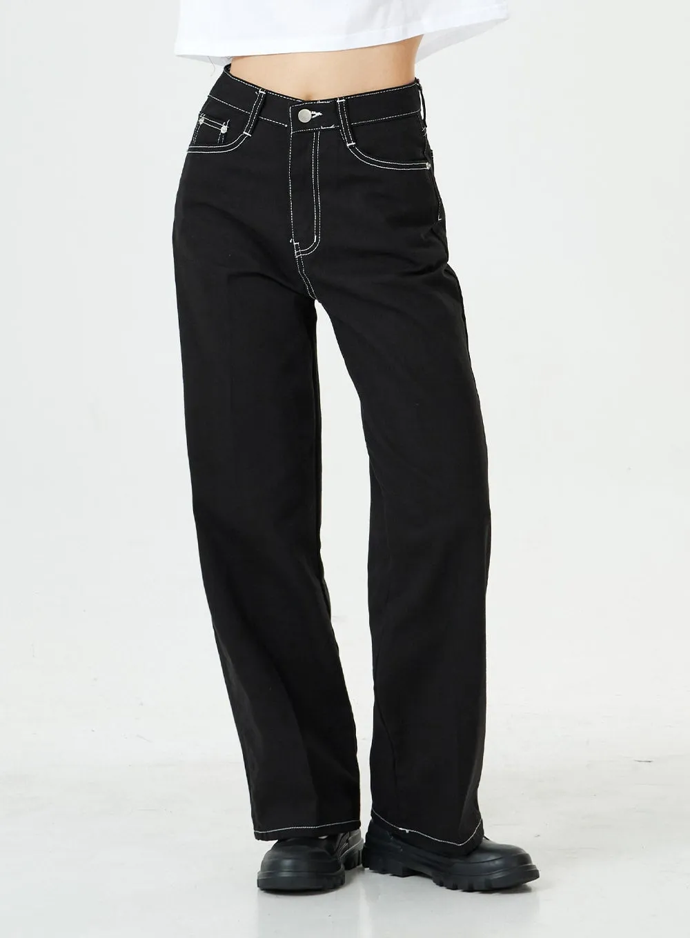 Stitch Detail Semi Wide Cotton Pants BG23 sold by Lewkin product image thumbnail 2