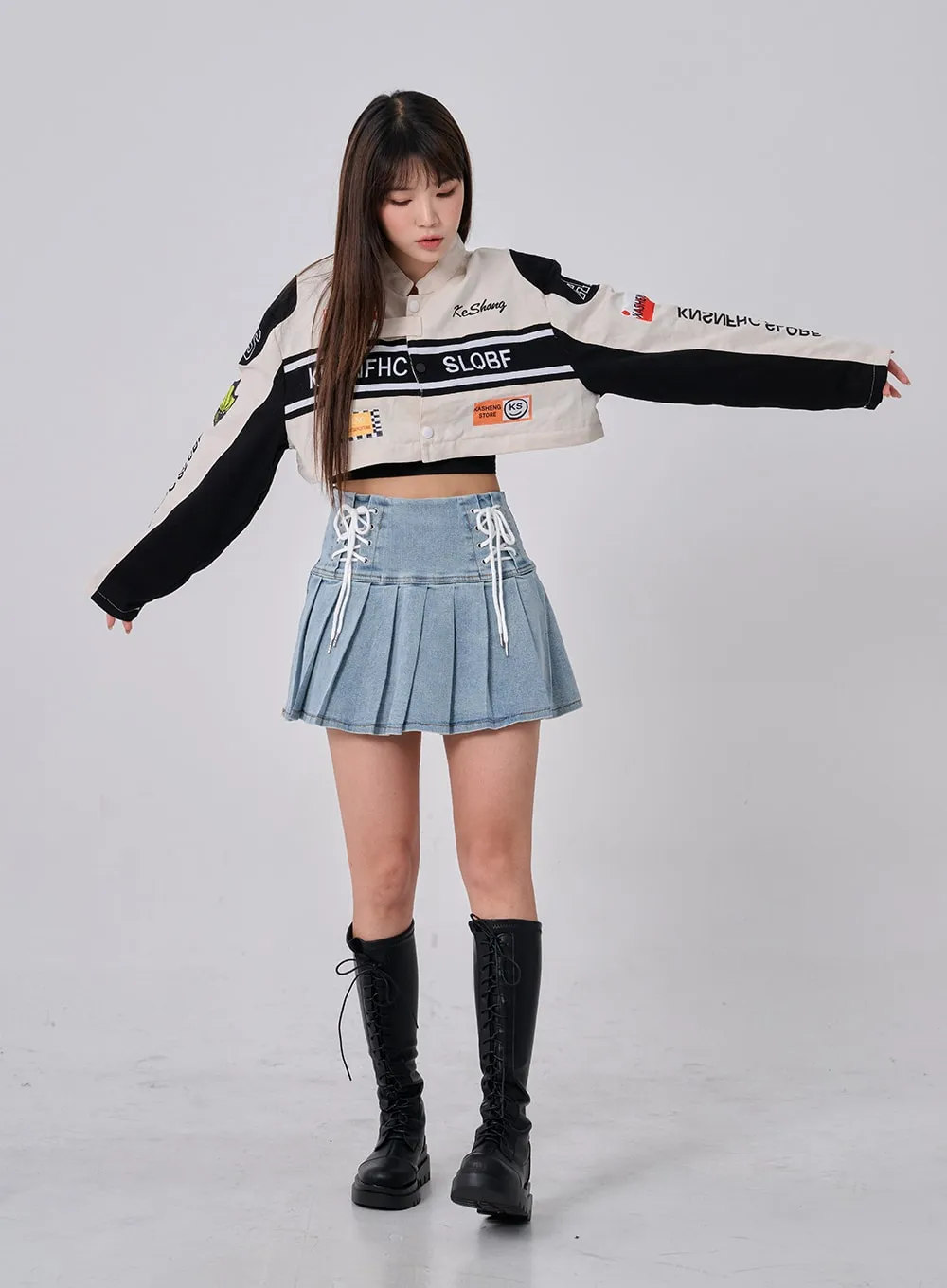 Double Ribbon Half Pleated Denim Mini Skirt BO26 | Parallel