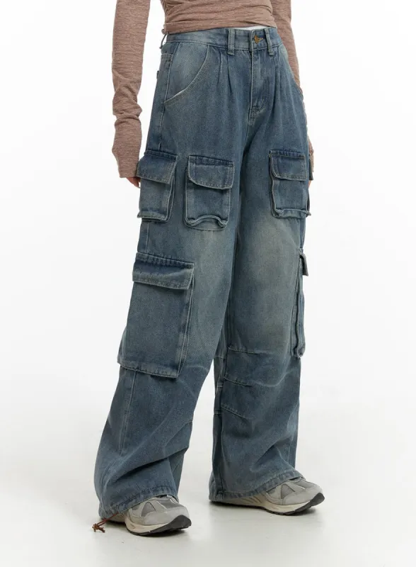High Waist Pocket Cargo Straight Leg Jeans CF416 sold by Lewkin