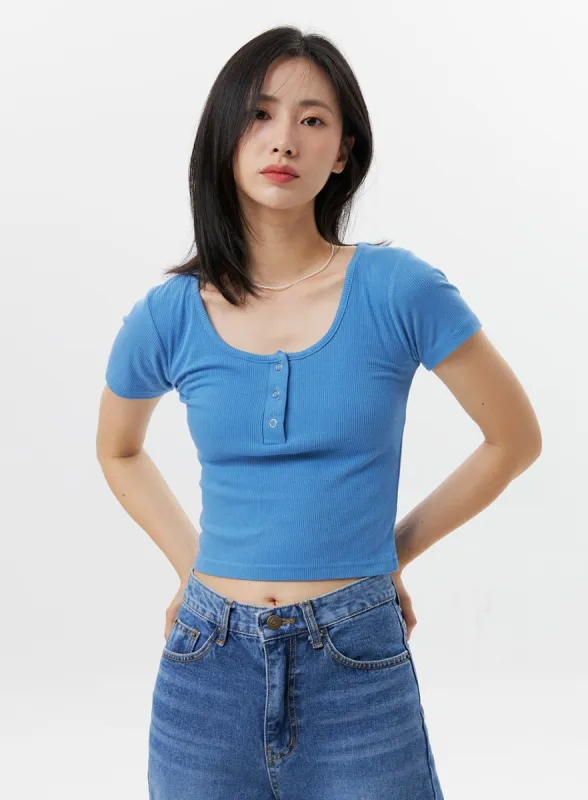 Buttoned U-Neck Crop Tee OG318 sold by Lewkin