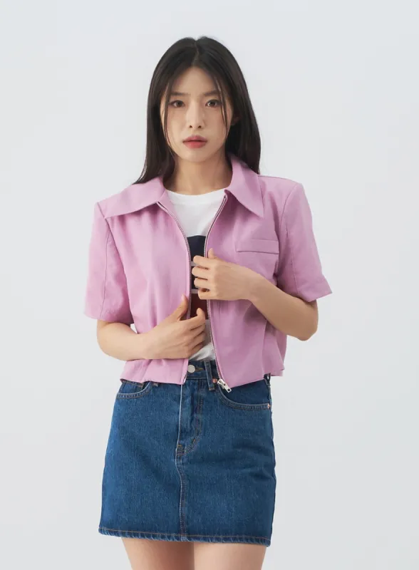 Linen Collared Cropped Zip-up Jacket OY24 sold by Lewkin