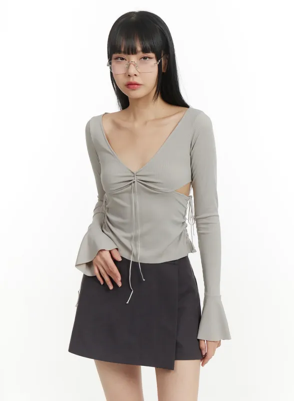 Semi-Ruched Cut Out Knotted Long Sleeve Blouse IM406 sold by Lewkin
