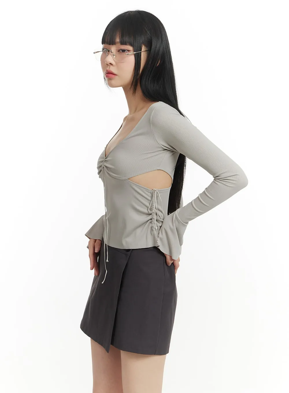 Semi-Ruched Cut Out Knotted Long Sleeve Blouse IM406 sold by Lewkin product image thumbnail 3