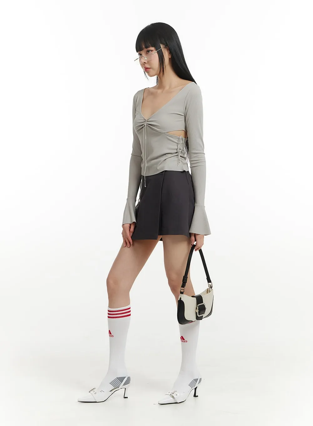 Semi-Ruched Cut Out Knotted Long Sleeve Blouse IM406 sold by Lewkin product image thumbnail 2