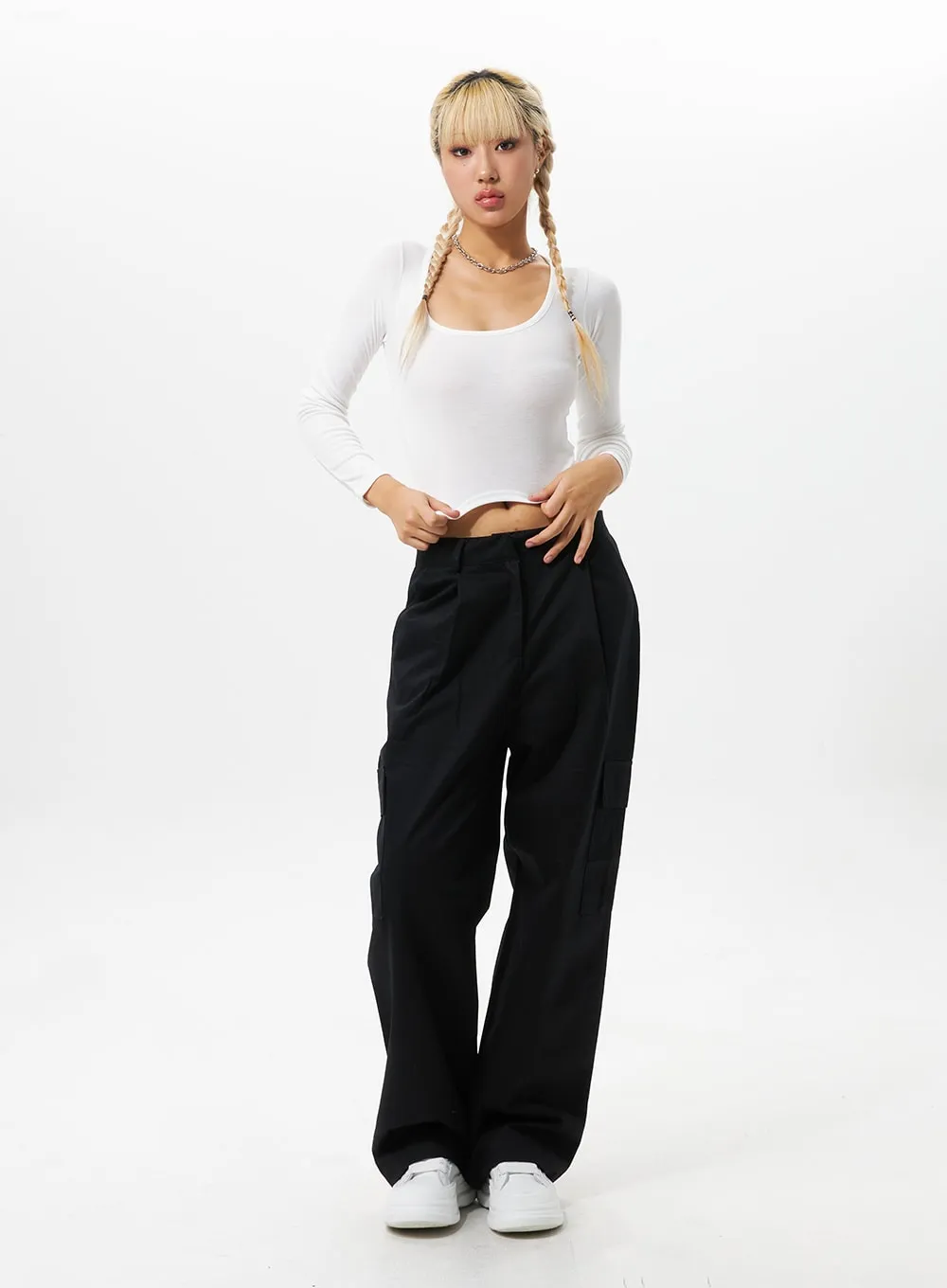 Pintuck Cargo Cotton Pants IO326 sold by Lewkin