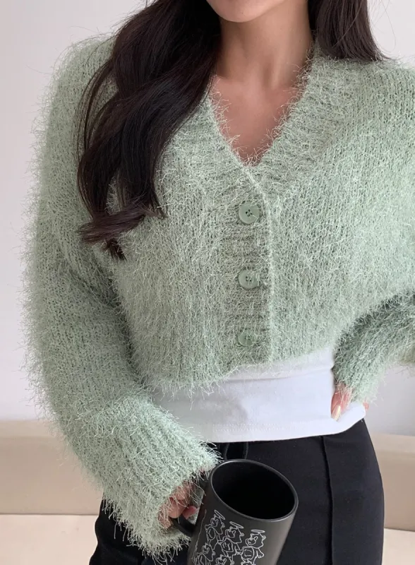 Fuzzy V Neck Cropped Cardigan J31 sold by Lewkin