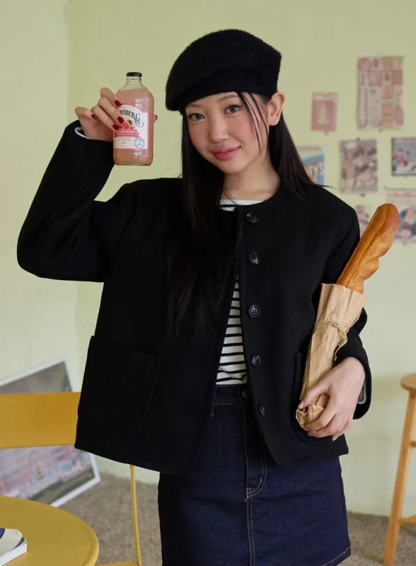 Tweed Collarless Solid Button Jacket OD326 sold by Lewkin