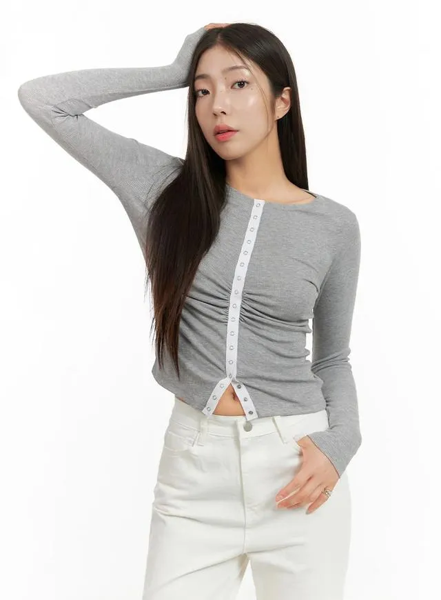 Solid Button Long Sleeve Top OA429 sold by Lewkin