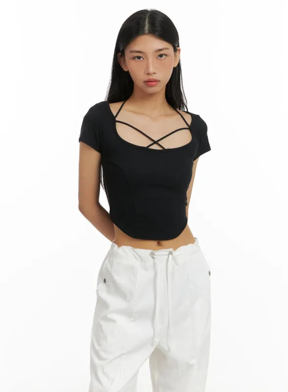 X Strap Solid Crop Tee CA424 sold by Lewkin