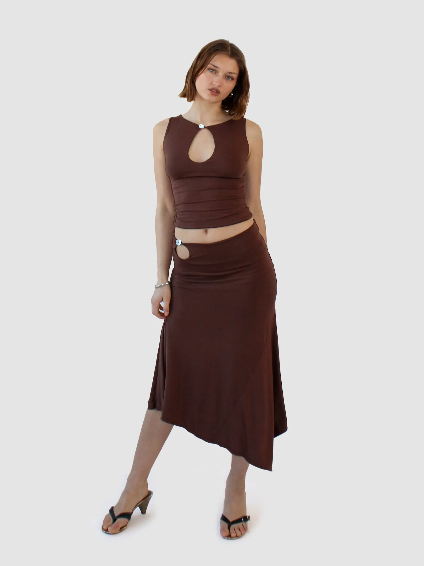 Key Hole Asymmetric Skirt - Coffee sold by Millie Jane